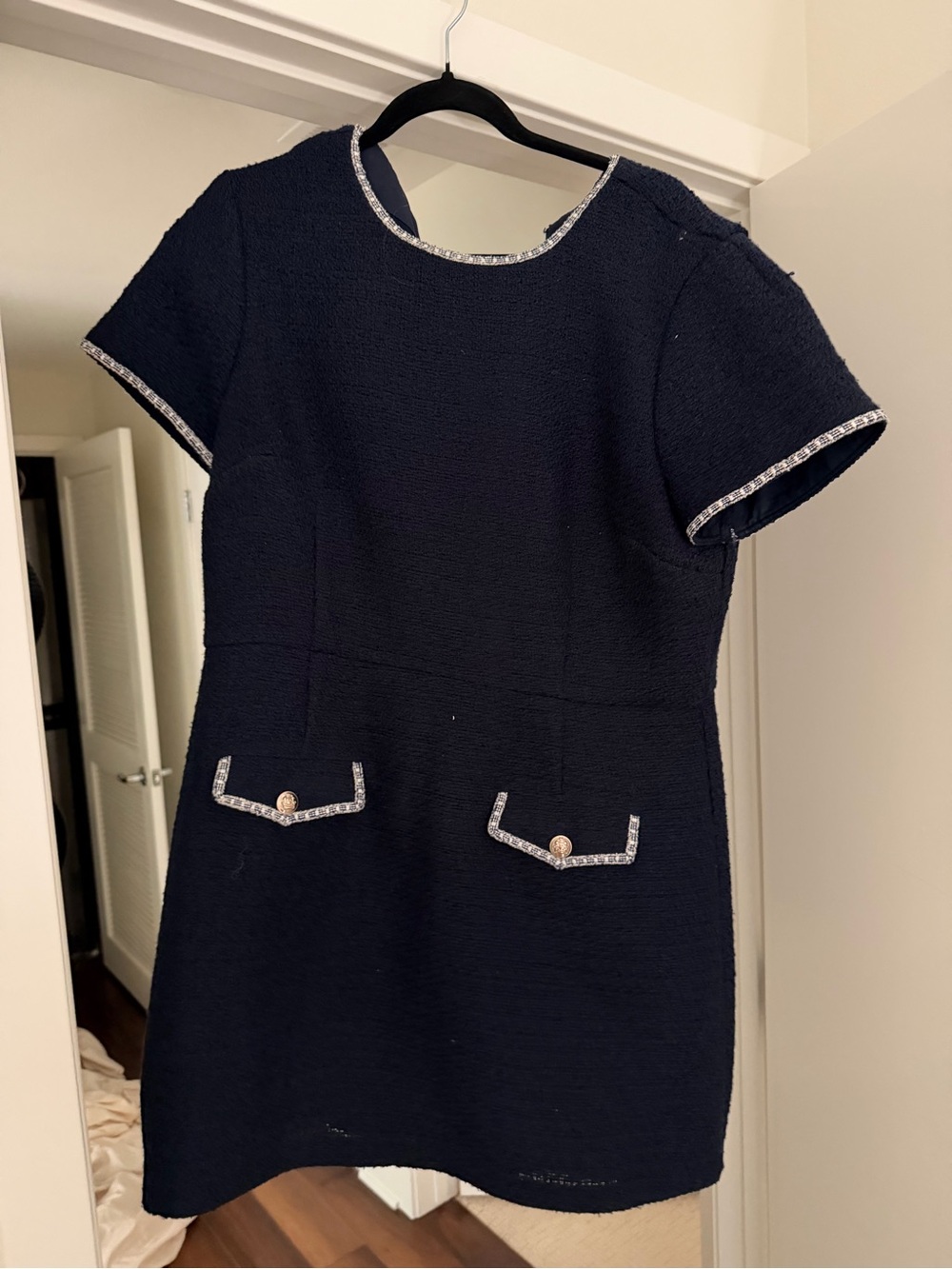 Ann Taylor Navy Tweed Short Sleeve Shift Dress with Chain Trim